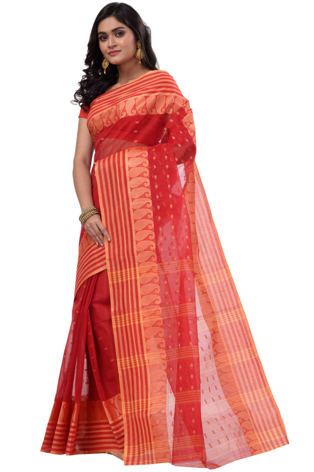 Red Pure Cotton Moti_Buti Tant Saree (745)